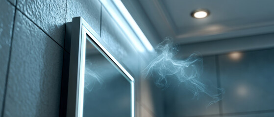 Close-up of bathroom mirror with illuminated LED light and visible steam rising in a modern tiled interior space