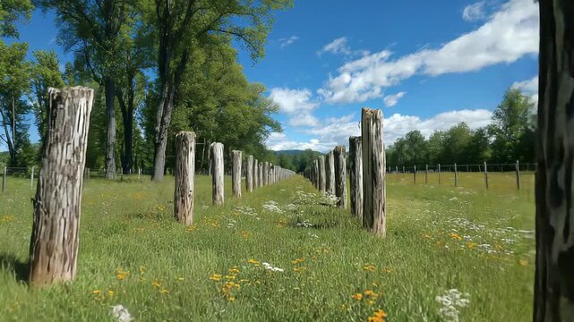A Scenic Perspective Of A Row Of Weathered Wooden Posts Lined Up In A Lush Green Field Under A Bright Blue Sky With Fluffy White Clouds On A Sunny Day