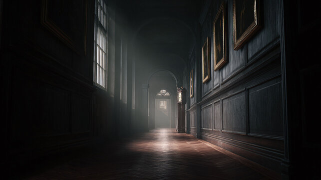 Eerie, atmospheric hallway with a grandfather clock. The light and shadow create a sense of mystery. Great for gothic, historical or suspenseful themes. - Powered by Adobe