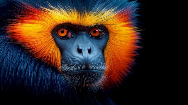 Colorful Monkey Portrait: A captivating close-up of a monkey, its face framed by vibrant orange and yellow fur against a backdrop of deep blue and black.