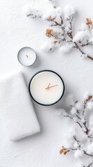 A serene winter spa arrangement featuring two lit candles, a folded white towel, and branches covered in artificial snow.