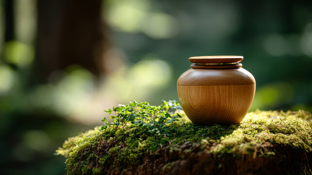 Wooden cremation urn placed on moss-covered tree stump in serene forest setting with soft natural light and blurred green background