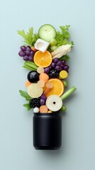 A vibrant assortment of fresh fruits and vegetables, including grapes, oranges, blackberries, and celery, is creatively arranged and spilling out of a black con