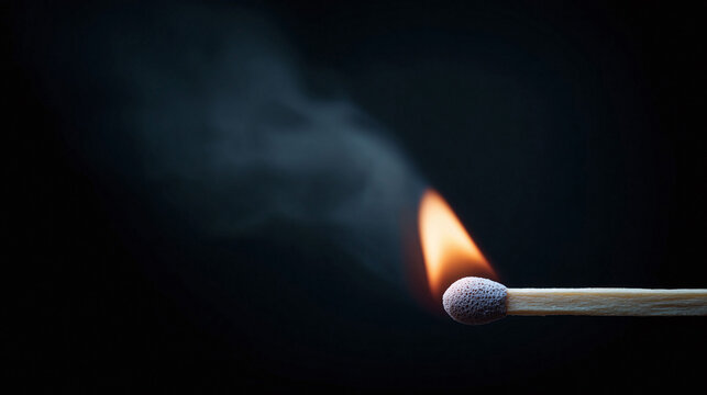 Ignited matchstick against darkness. The flame burns brightly with wisps of smoke. Metaphor for inspiration, potential, or destructive power. Perfect for concepts.