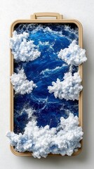 A suitcase contains a miniature scene of turbulent blue ocean waves and fluffy white clouds, suggesting a journey or escape.