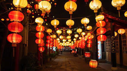 Fototapeta premium Year of the Horse Lantern Street CNY Background: Crafting Vibrant, Auspicious Visuals for Chinese New Year Celebrations