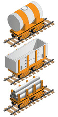 Set of railway carriages. Isometric. Isolated on white background. Side view. Vector illustration.