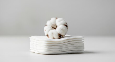 A stack of cotton pads with a cotton flower on the top against gray