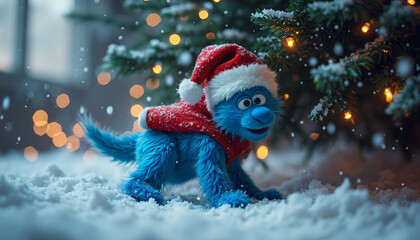 Blue Creature in Snow with Christmas Tree and Lights