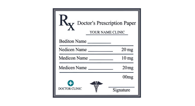 Doctors Prescription Paper with Medical Symbols and Fields for Medication Details.