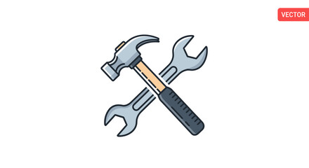 Crossed Hammer and Wrench: Hand Tools for Repair and Construction.