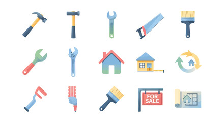 Colorful Vector Illustration of Various Construction Tools and Icons.