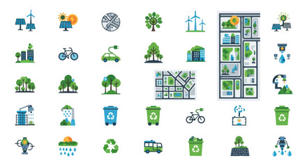 Diverse Collection of Eco-Friendly Icons Representing Environmental Protection and Sustainable Living.