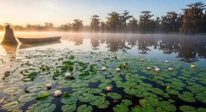 Tranquil lake scene with lily pads, boat, and misty morning atmosphere