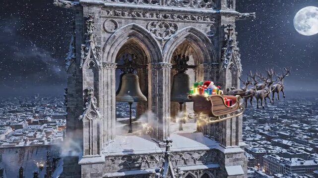 Santa's magical sleigh ride through a snowy, star-filled night sky over a grand cathedral bell tower, delivering gifts and holiday cheer.