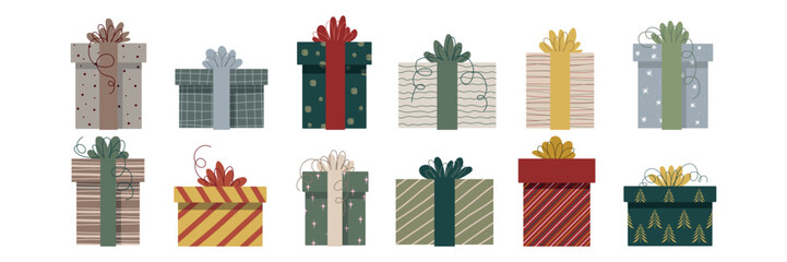 Vector set of various colorful packed Christmas present boxes in flat style, isolated on a white background.