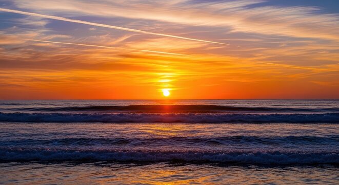 Ocean waves under a bright orange sunset with cloud streaks above it
