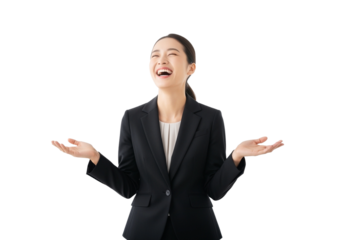 Laughing Asian businesswoman presents something amazing with open palms gesture