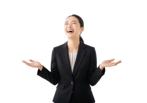 Laughing Asian businesswoman presents something amazing with open palms gesture - Powered by Adobe