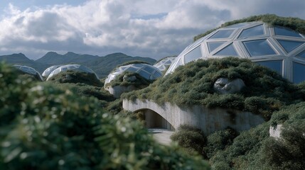 Perspective view of architect and AI holograms adjusting dome shapes and living pods — representing innovative engineering, speculative science, and collaborative planning for sustainable