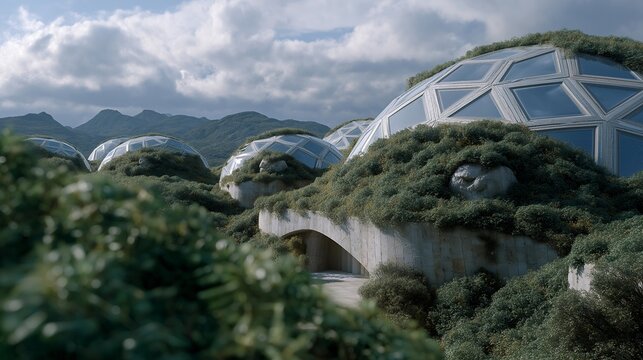 Perspective view of architect and AI holograms adjusting dome shapes and living pods — representing innovative engineering, speculative science, and collaborative planning for sustainable