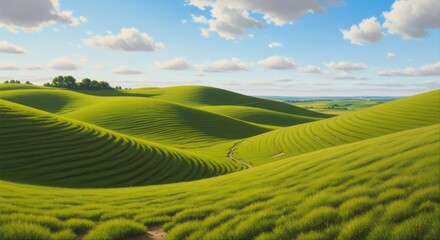 View of rolling green hills under a partly cloudy bright blue sky day