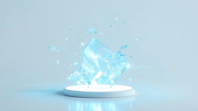 Abstract Geometric Crystal Formation with Soft Blue Light and Particles Displayed on a Pedestal