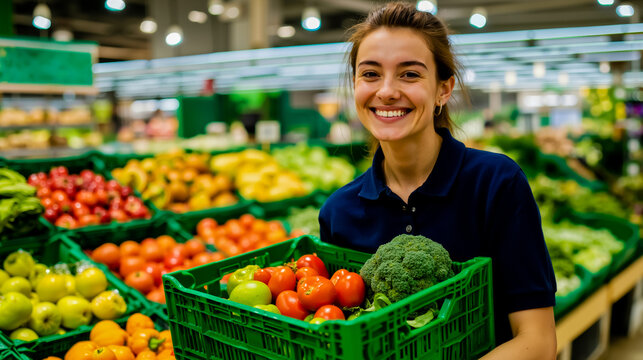 A smiling woman in a blue shirt holding a green crate filled with fresh produce - Powered by Adobe