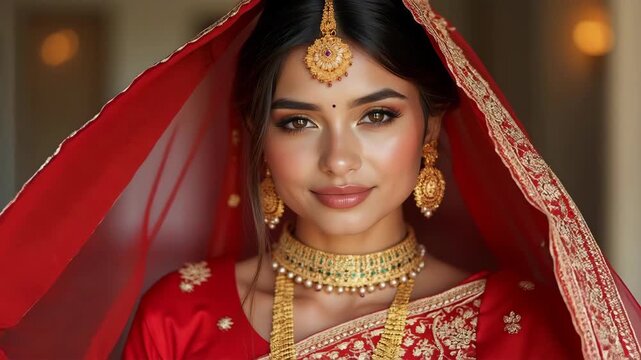 Portrait of a beautiful indian bride wearing a traditional red dress and jewelry, showcasing the rich cultural heritage of india 
