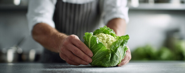 A chef holds fresh cauliflower in a modern kitchen. Symbolizes healthy eating, culinary expertise, and farmtotable freshness. Ideal for food blogs, recipes, and wellness content.