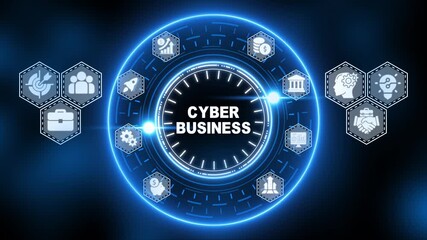 Blue Cyber Business Concept with Hexagonal Icons and Central Clock Interface on Dark Background technology - Powered by Adobe