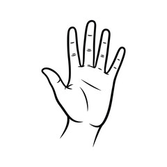 Black outline drawing of an open hand with fingers spread wide five fingers palm