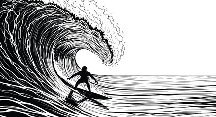 Black and white surfing art print wave rider ocean drawing illustration eps silhouette