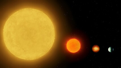 Fototapeta premium Sun, red dwarf, brown dwarf and gas giant on black background. Comparison of stars and planets. Composite image.
