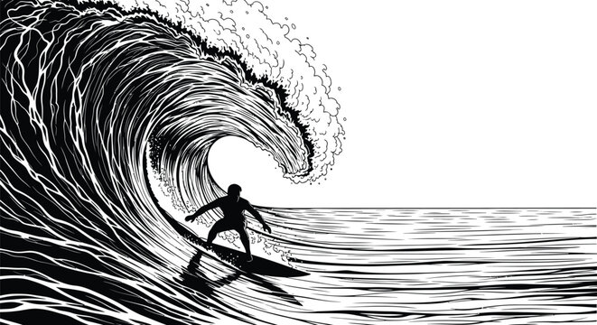 Black and white surfing art print wave rider ocean drawing illustration eps silhouette