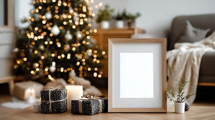 Festive Christmas Mockup with Decorated Tree and Gifts.
