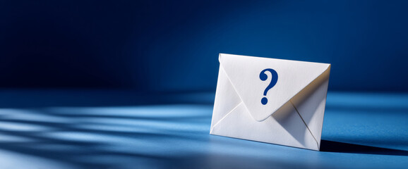 White envelope with a large question mark on a blue surface casting shadows in a low light setting symbolizing mystery or unknown message