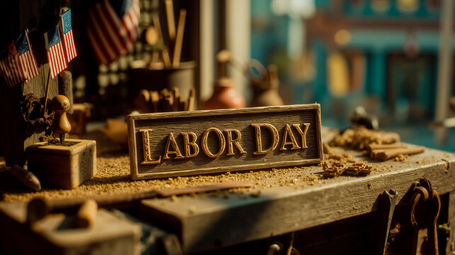 A wooden sign with the word Labor Day written on it surrounded by various tools and objects