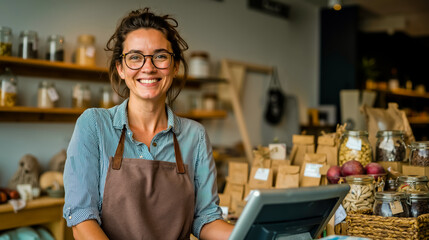 A woman wearing glasses and an apron is smiling at the camera in a store filled with jars of spices and bags of food