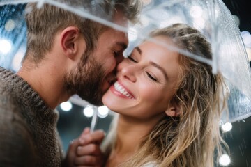 Couple sharing a joyful moment under an umbrella in the rain at night