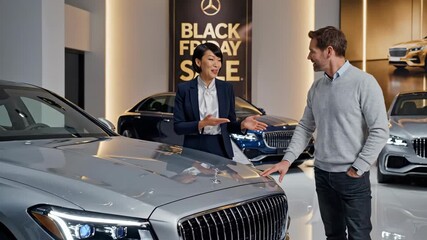 Saleswoman presenting a car to a customer at a dealership during a black friday sale event with banners black friday sale