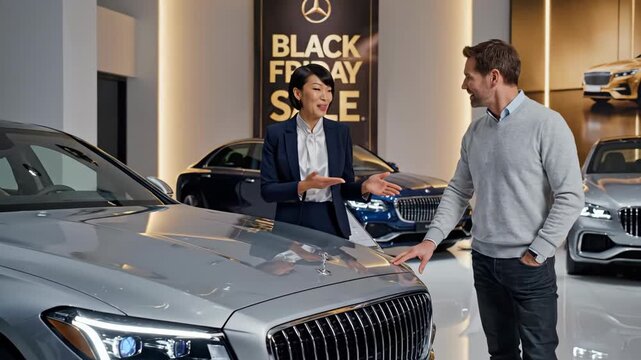 Saleswoman presenting a car to a customer at a dealership during a black friday sale event with banners black friday sale