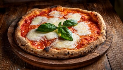 rustic neapolitan pizza with fresh basil parmesan and melting cheese a mouth watering close up shot of a freshly baked artisan pizza served on a rustic wooden table