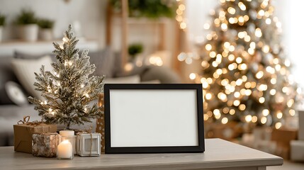 Festive Christmas Scene with Blank Frame and Decorations.