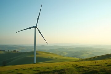 A rural wind turbine spinning above wide rolling meadows.