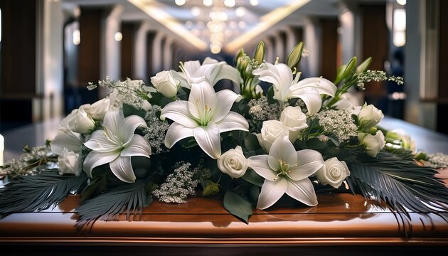 flowers adorn a solemn occasion at a funeral service
