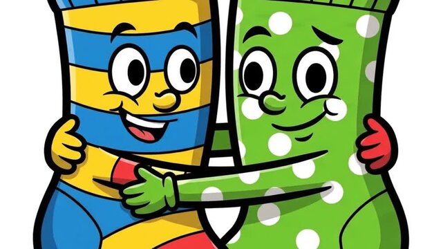 Animated cartoon socks hugging and expressing a range of emotions in a heartwarming sequence