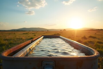 A livestock water trough filled beneath a bright sky.
