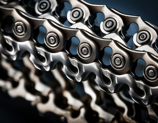 close up of a metal bicycle chain showcasing intricate details and textures under bright lighting