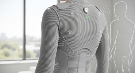 Sleek innovative wearable tech for posture correction and health monitoring with green power button indicator in modern minimalist design studio space